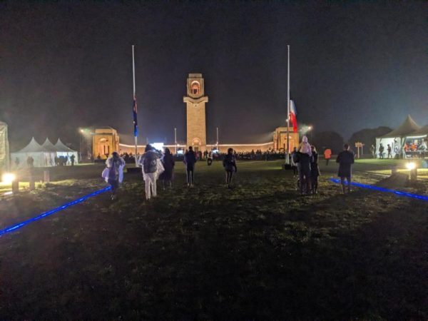 The Australian National Memorial at Villers Bretonneux on a cold pre dawn service Anzac Day